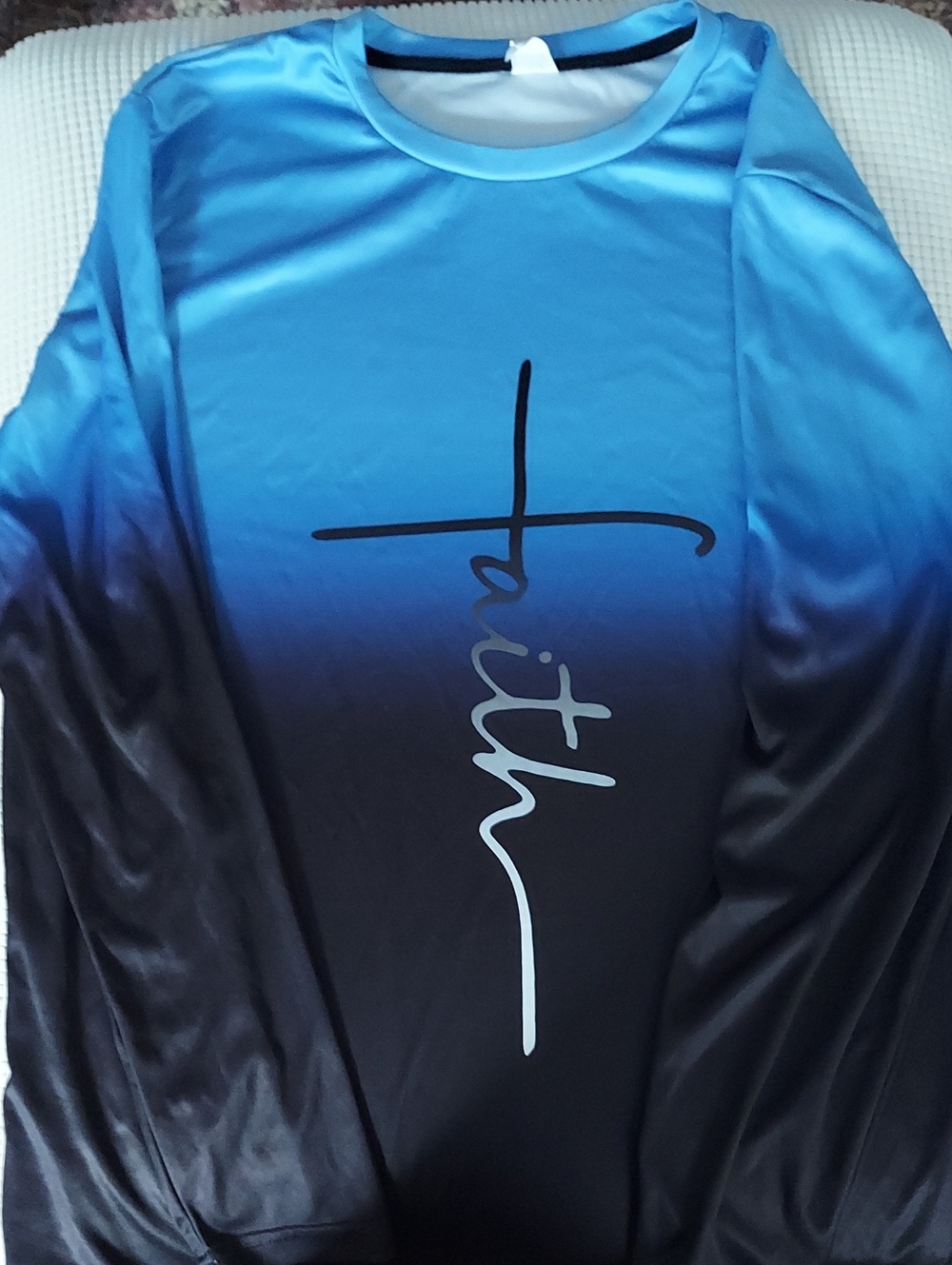 Men's Ombre Blue to Black Long-Sleeve Shirt with 'Faith' Script